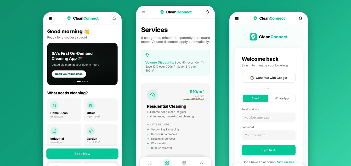 Three CleanConnect app screens: home, services priced per square metre, and sign-in with Google, email or WhatsApp